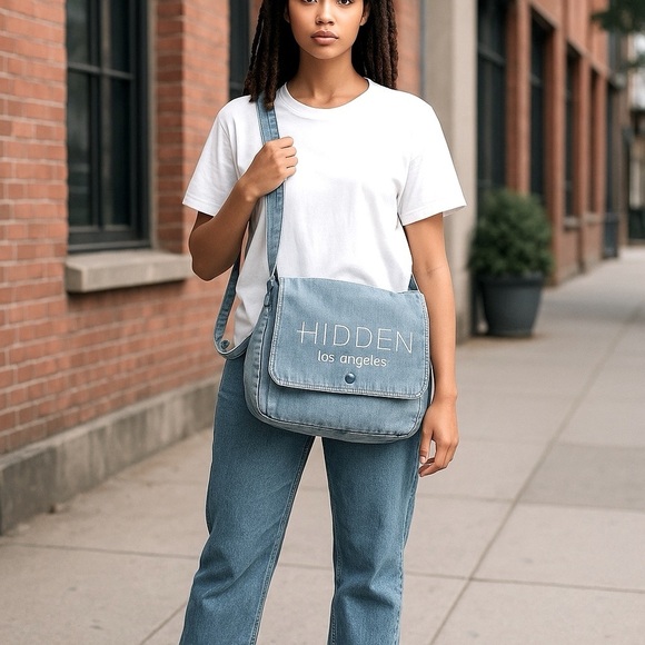 HIDDEN LOS ANGELES Denim Maxi Tote Bag Messenger Bag Blue Minimalist 11x15 - Picture 4 of 13